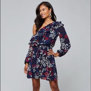 Bebe One Shoulder Floral Ruffled Long Sleeve Dress